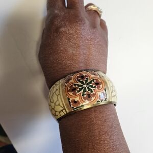 Vintage Handpainted Floral Mosaic Brass Bangle Bracelet